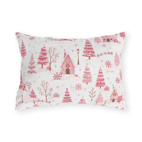 Pink cottages, fir trees and snowdrifts on white outdoor lumbar pillow