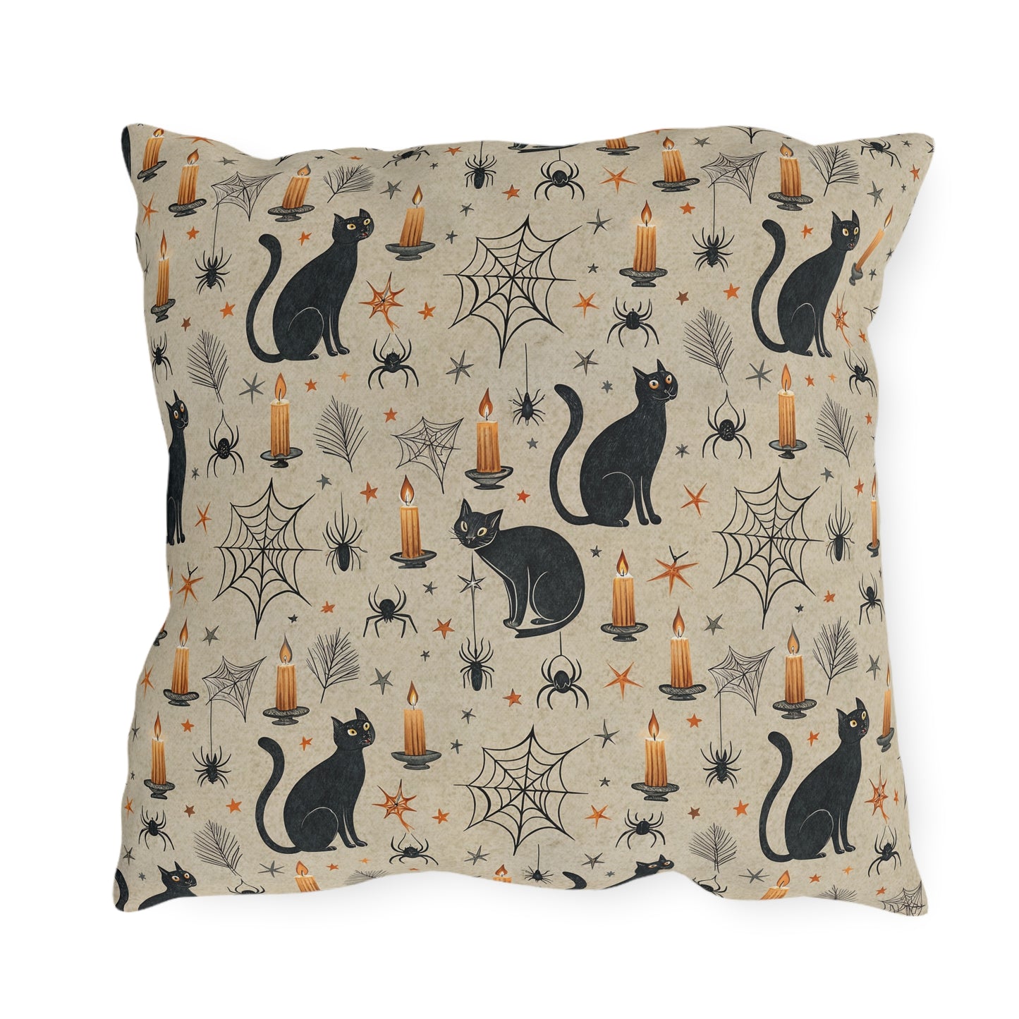 Black cats, lit candles and spiderwebs on oatmeal cream outdoor pillow