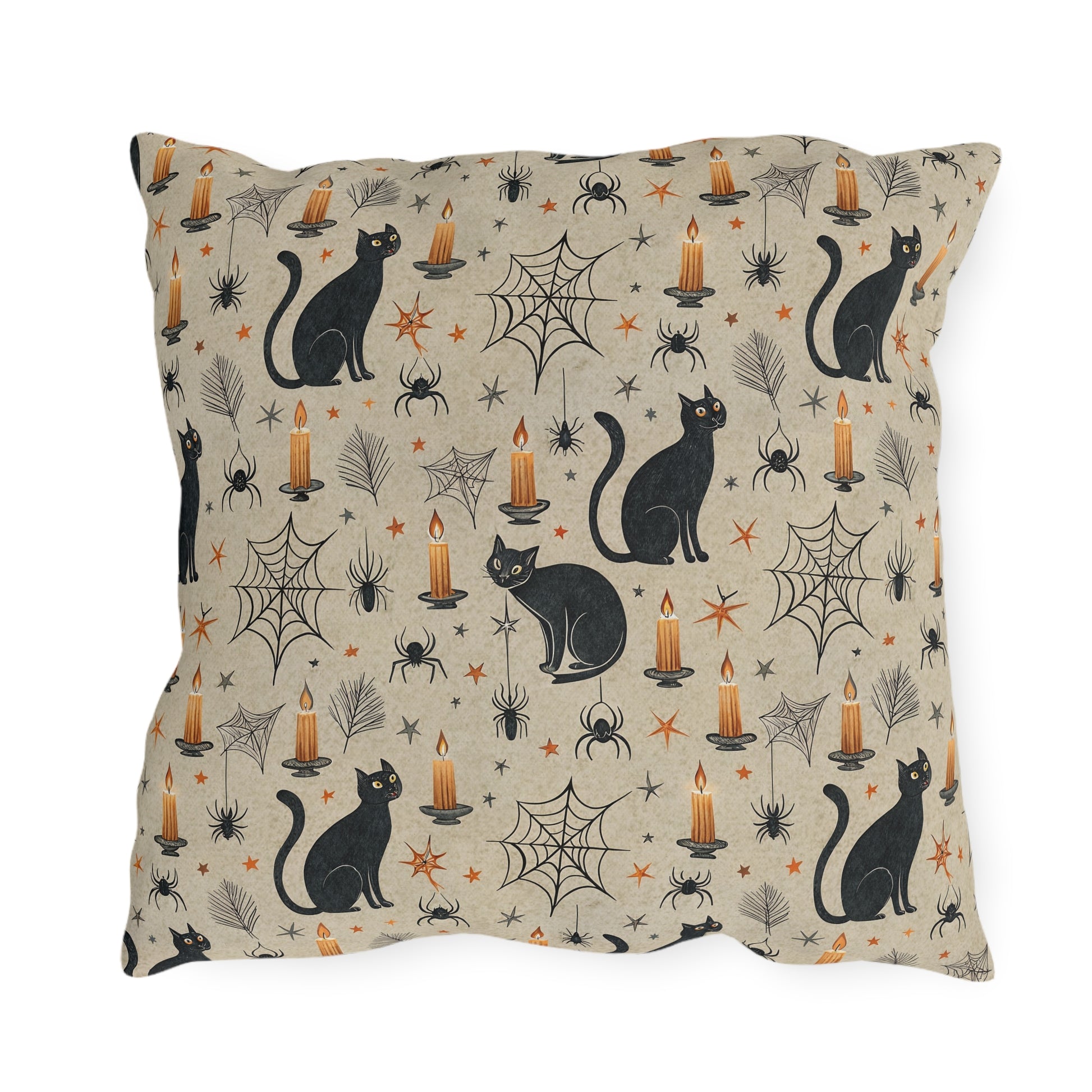 Black cats, lit candles and spiderwebs on oatmeal cream outdoor pillow