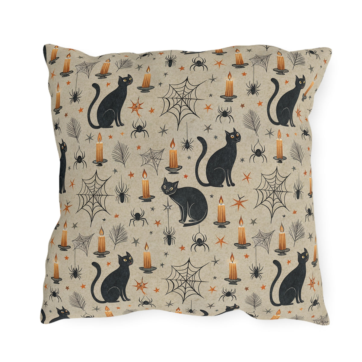 Black cats, lit candles and spiderwebs on oatmeal cream outdoor pillow