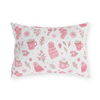 Pink beanies, mittens, cocoa mugs and snowflakes on white outdoor lumbar pillow