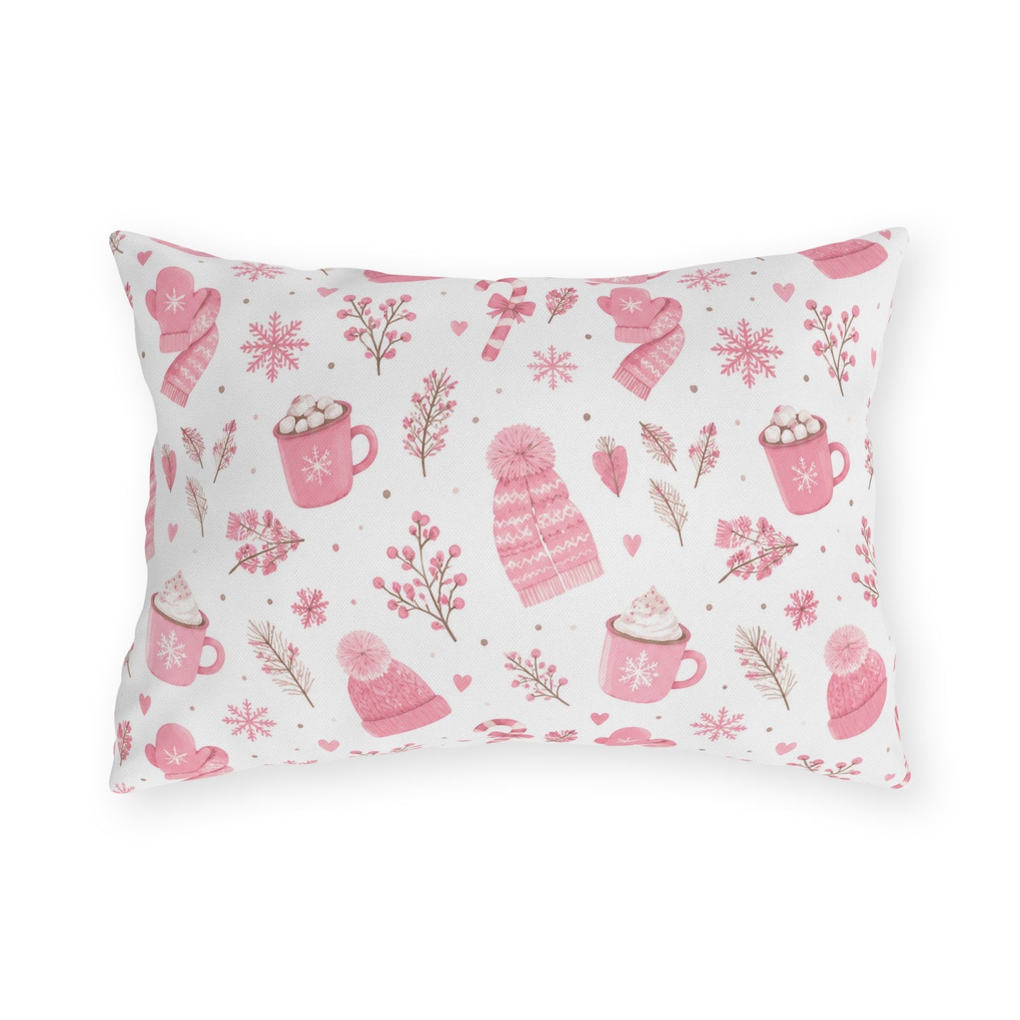 Pink beanies, mittens, cocoa mugs and snowflakes on white outdoor lumbar pillow