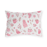 Pink beanies, mittens, cocoa mugs and snowflakes on white outdoor lumbar pillow