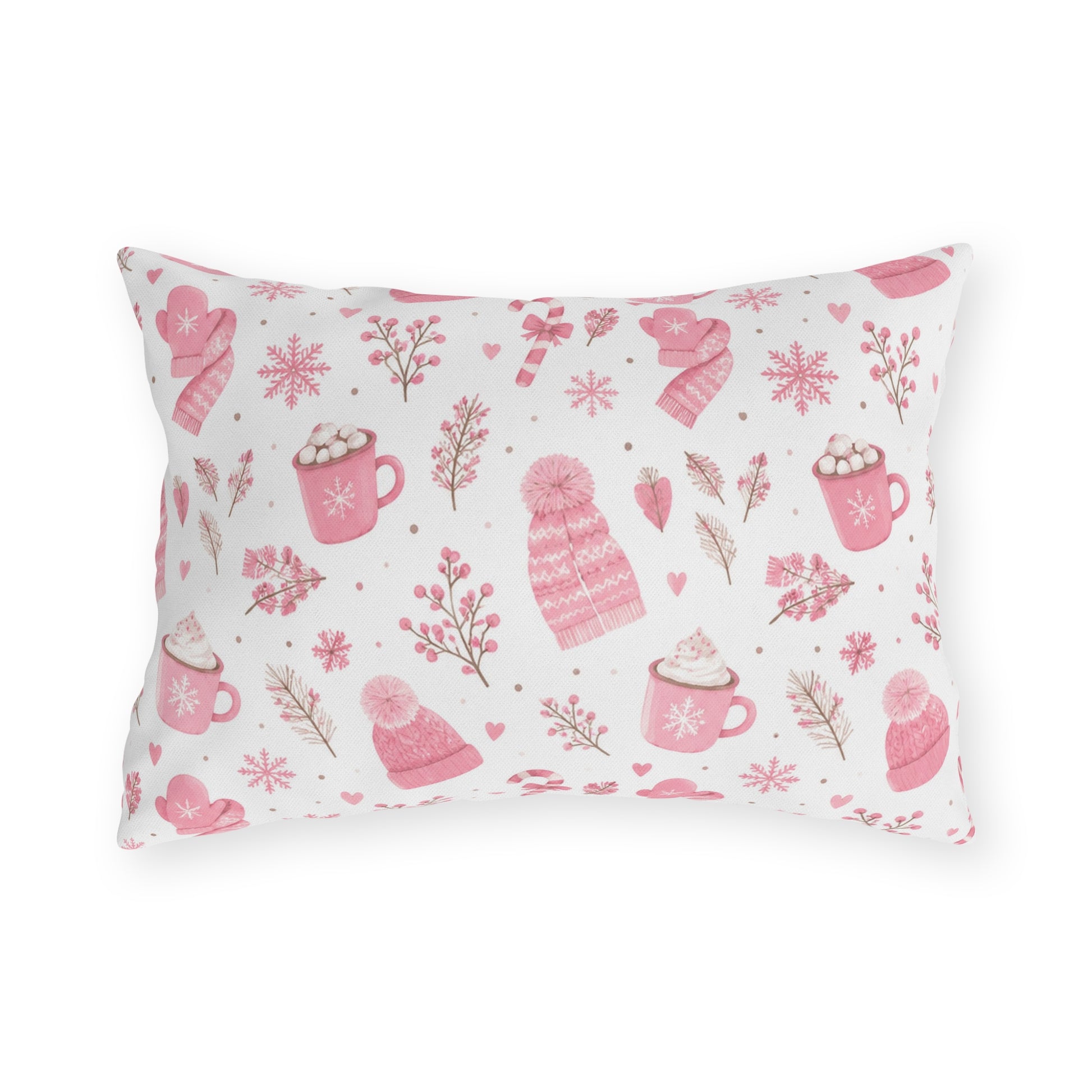 Pink beanies, mittens, cocoa mugs and snowflakes on white outdoor lumbar pillow