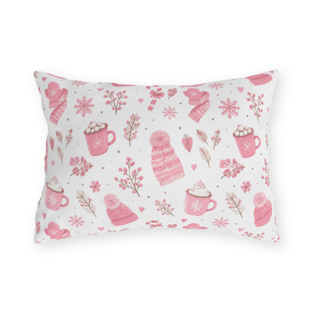 Pink beanies, mittens, cocoa mugs and snowflakes on white outdoor lumbar pillow