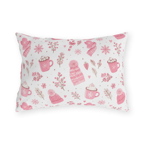Pink beanies, mittens, cocoa mugs and snowflakes on white outdoor lumbar pillow