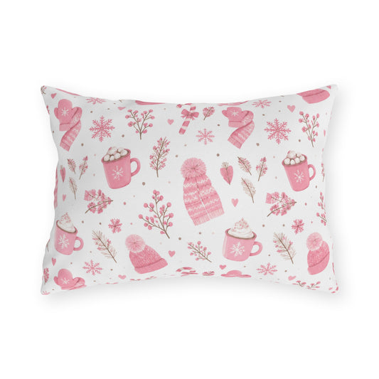 Pink beanies, mittens, cocoa mugs and snowflakes on white outdoor lumbar pillow