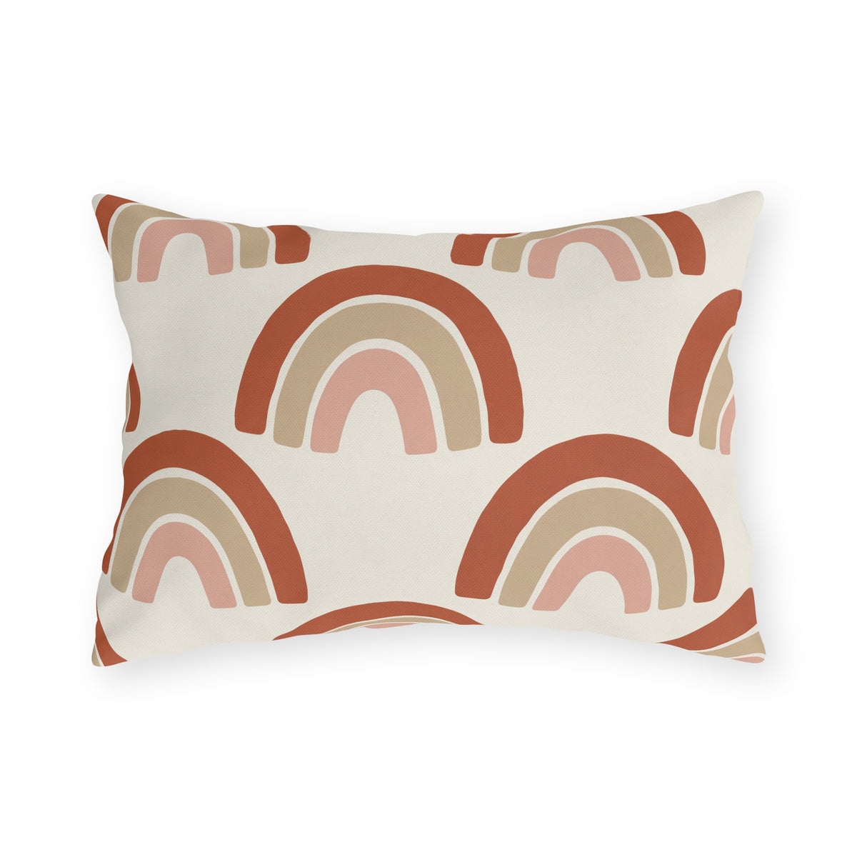 Boho outdoor lumbar pillow with terracotta, sand and blush rainbow arches on cream