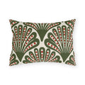 Modern outdoor lumbar pillow with olive green art deco fans dotted in red on cream