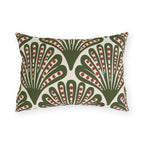 Modern outdoor lumbar pillow with olive green art deco fans dotted in red on cream