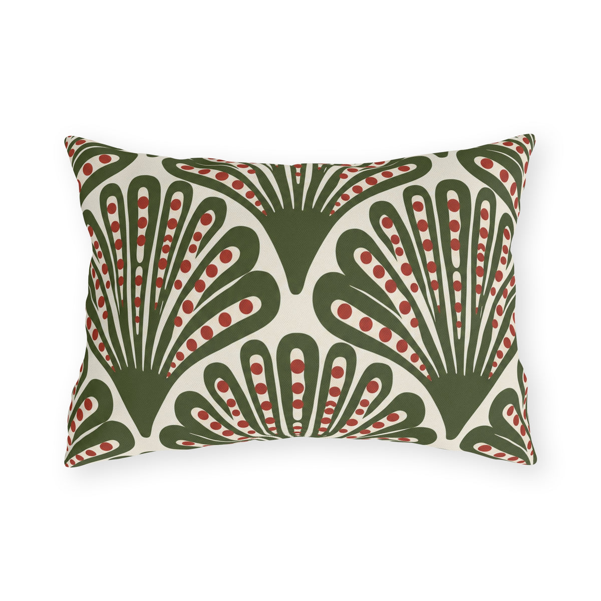 Modern outdoor lumbar pillow with olive green art deco fans dotted in red on cream