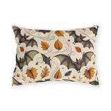 Large detailed bats and amber autumn leaves on cream outdoor lumbar pillow