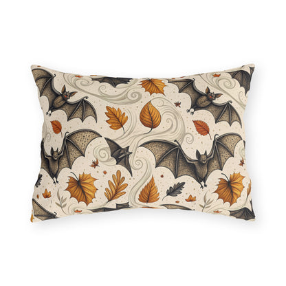 Large detailed bats and amber autumn leaves on cream outdoor lumbar pillow