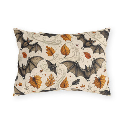 Large detailed bats and amber autumn leaves on cream outdoor lumbar pillow