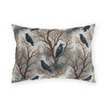 Ravens perched in bare rust branches with a full moon on misty grey outdoor lumbar pillow
