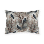 Ravens perched in bare rust branches with a full moon on misty grey outdoor lumbar pillow