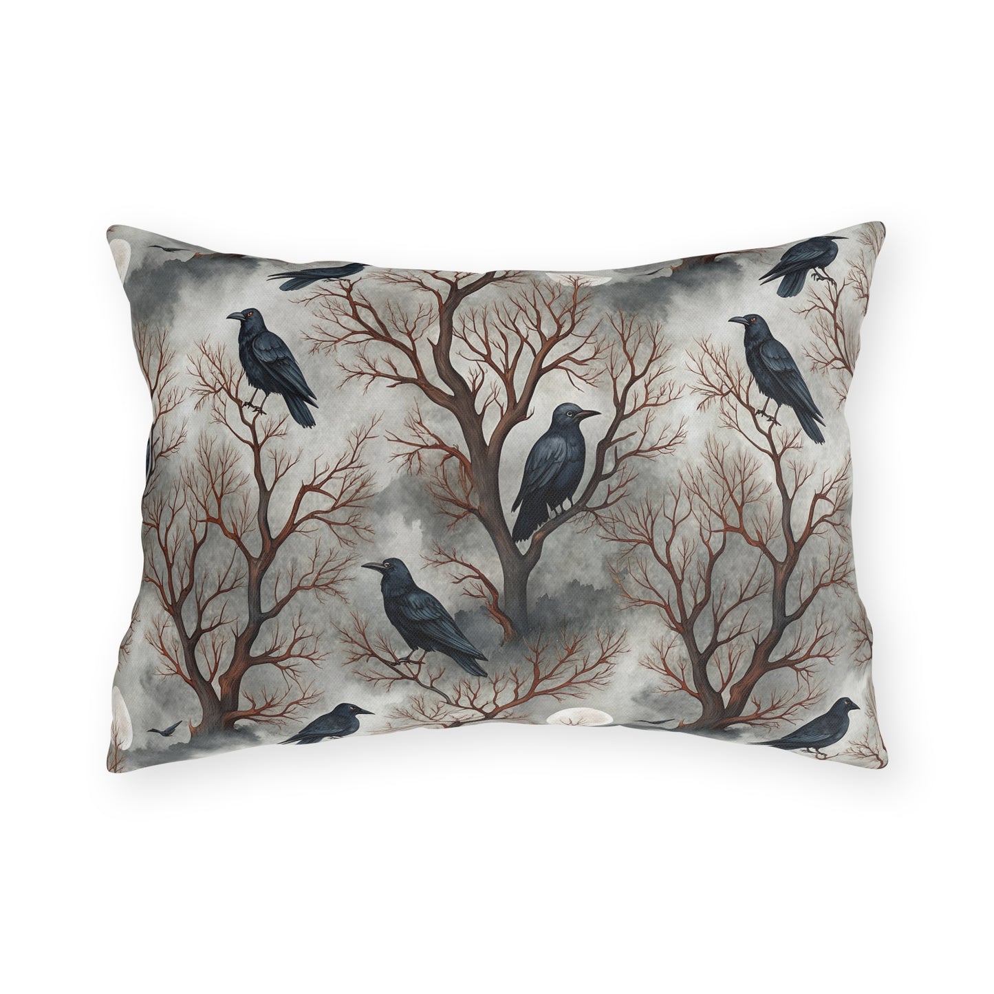 Ravens perched in bare rust branches with a full moon on misty grey outdoor lumbar pillow