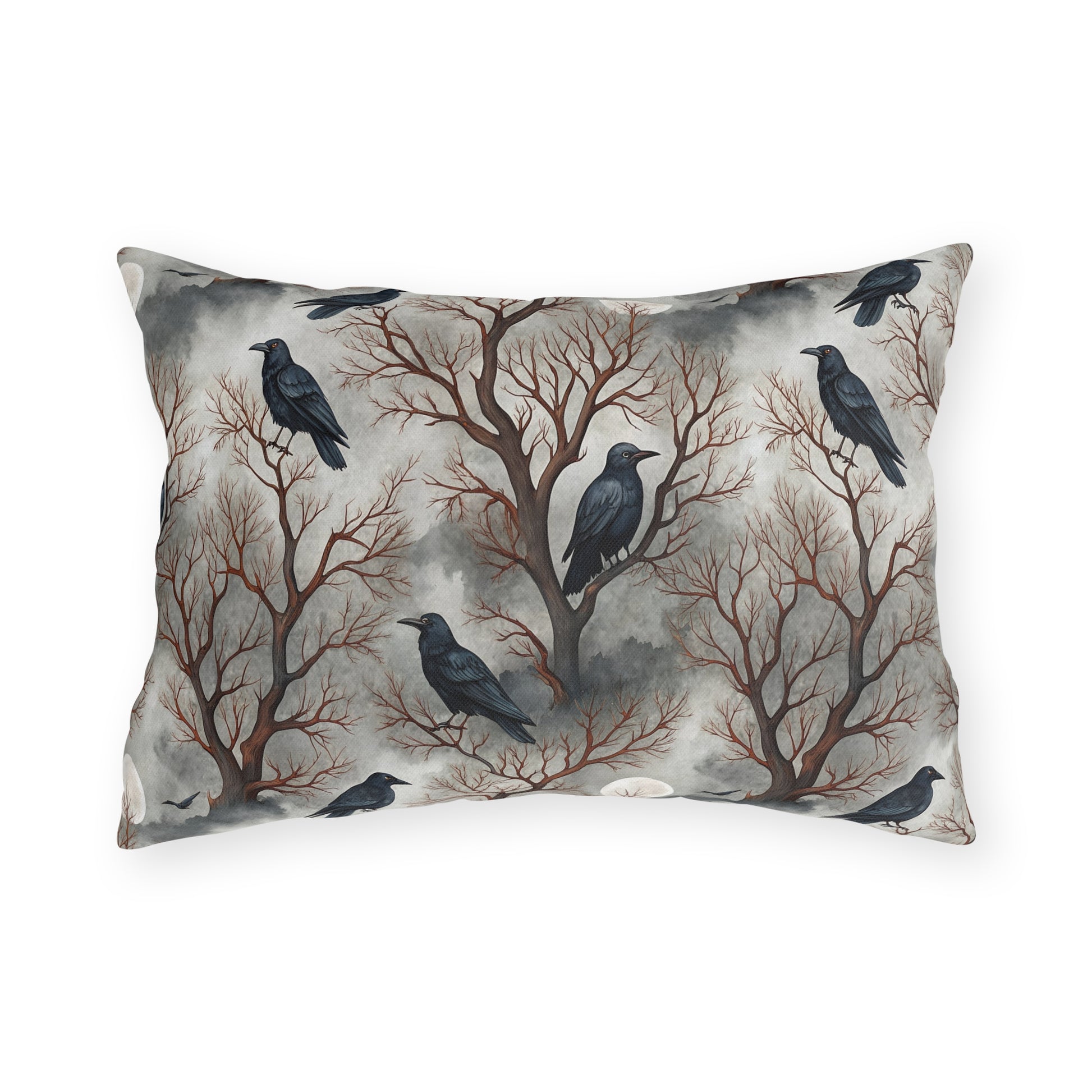Ravens perched in bare rust branches with a full moon on misty grey outdoor lumbar pillow
