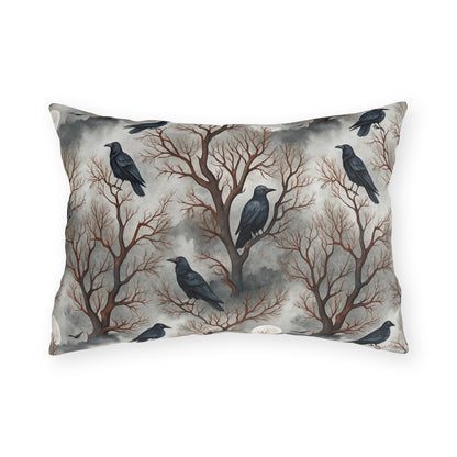 Ravens perched in bare rust branches with a full moon on misty grey outdoor lumbar pillow