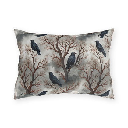 Ravens perched in bare rust branches with a full moon on misty grey outdoor lumbar pillow