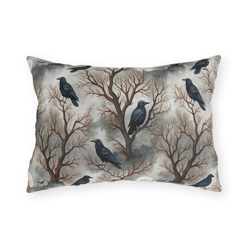 Ravens perched in bare rust branches with a full moon on misty grey outdoor lumbar pillow