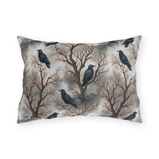Ravens perched in bare rust branches with a full moon on misty grey outdoor lumbar pillow