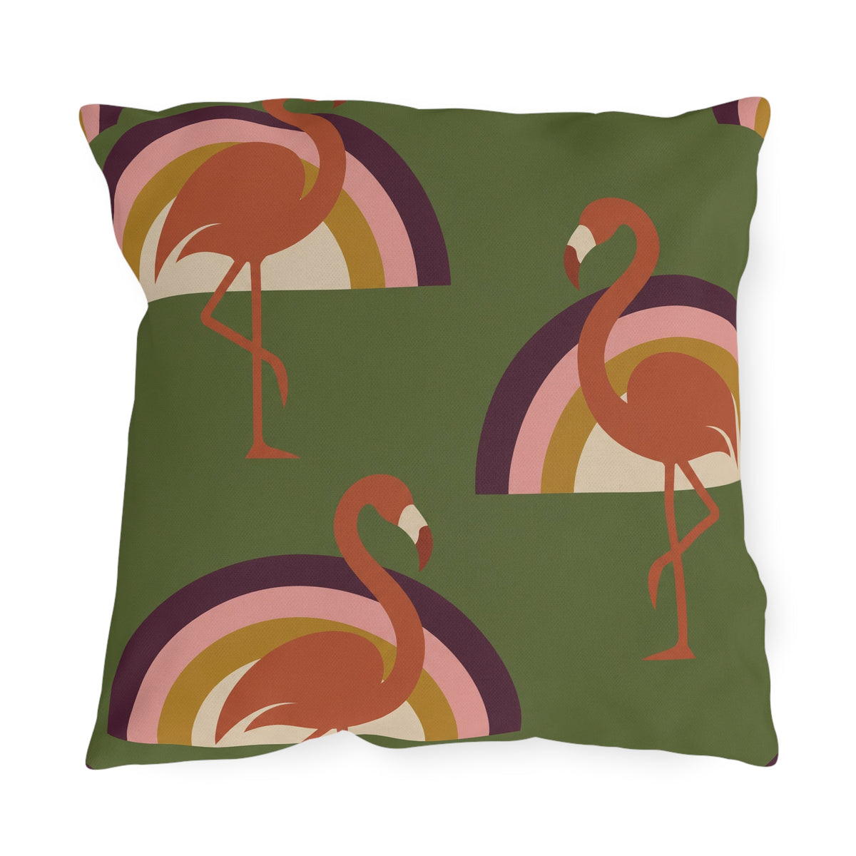 Retro flamingo outdoor pillow with orange flamingos and rainbow arcs on olive green