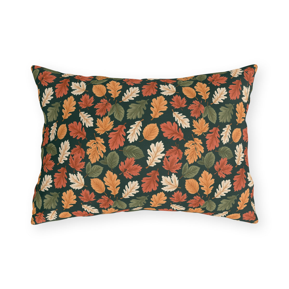 Rust, orange and cream autumn leaves on forest green outdoor lumbar pillow
