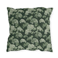 Sage and cream hydrangeas on dark forest green outdoor pillow