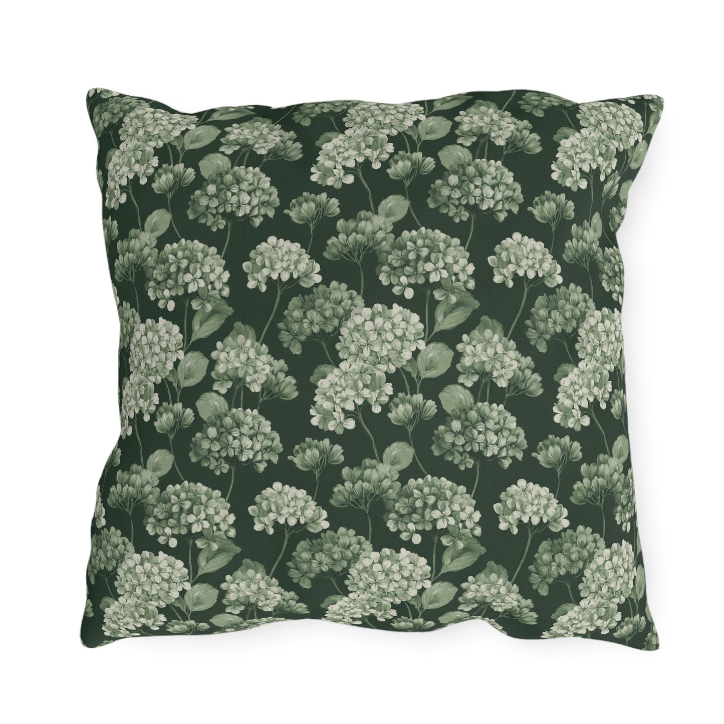 Sage and cream hydrangeas on dark forest green outdoor pillow