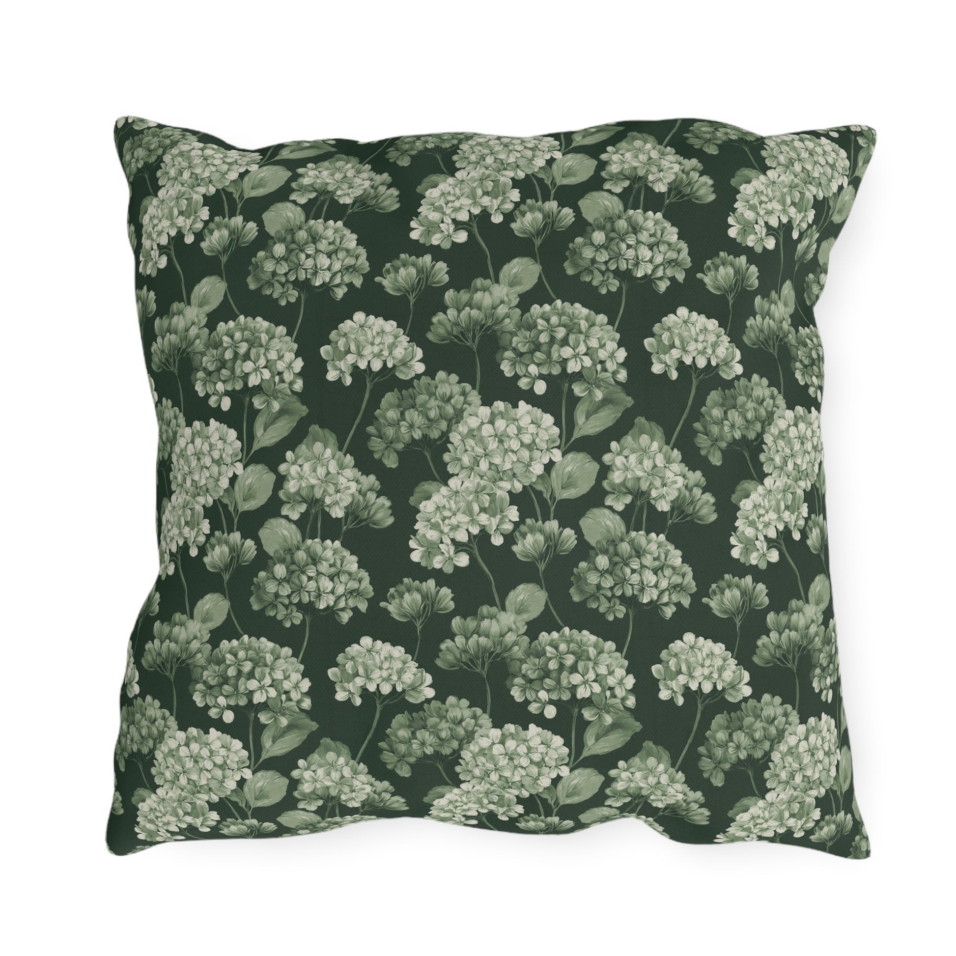 Sage and cream hydrangeas on dark forest green outdoor pillow