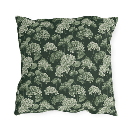 Sage and cream hydrangeas on dark forest green outdoor pillow