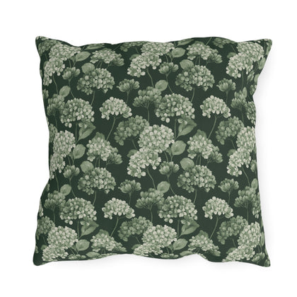 Sage and cream hydrangeas on dark forest green outdoor pillow