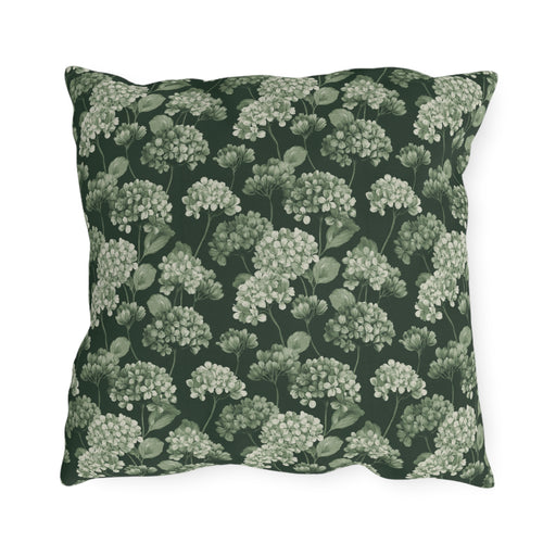 Sage and cream hydrangeas on dark forest green outdoor pillow