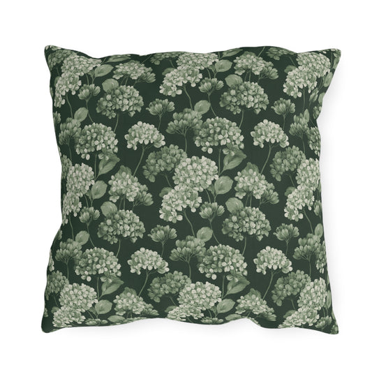 Sage and cream hydrangeas on dark forest green outdoor pillow