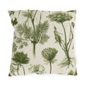 Green outdoor pillow with engraved botanical fennel, Queen Anne's lace and wild herbs in olive on cream