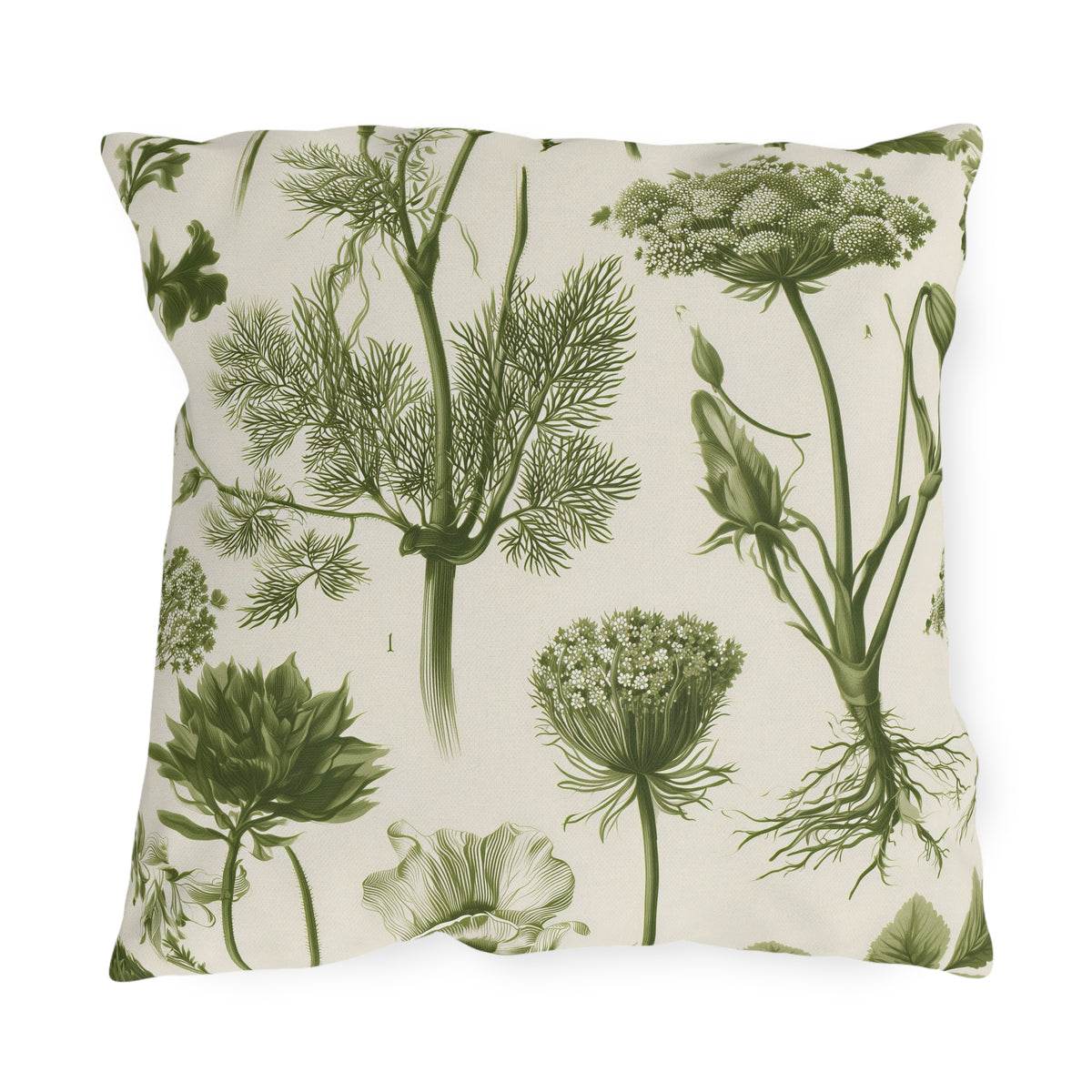Green outdoor pillow with engraved botanical fennel, Queen Anne's lace and wild herbs in olive on cream