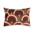Modern outdoor lumbar pillow with art deco fan flowers in burgundy, cream and coral with green leaves on brick red