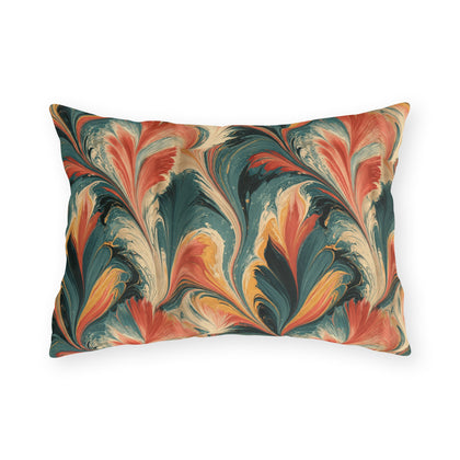Coral, teal and ochre marbled swirl outdoor lumbar pillow