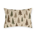 Pine trees in brown, olive and taupe on a speckled cream outdoor lumbar pillow