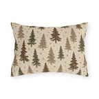 Pine trees in brown, olive and taupe on a speckled cream outdoor lumbar pillow