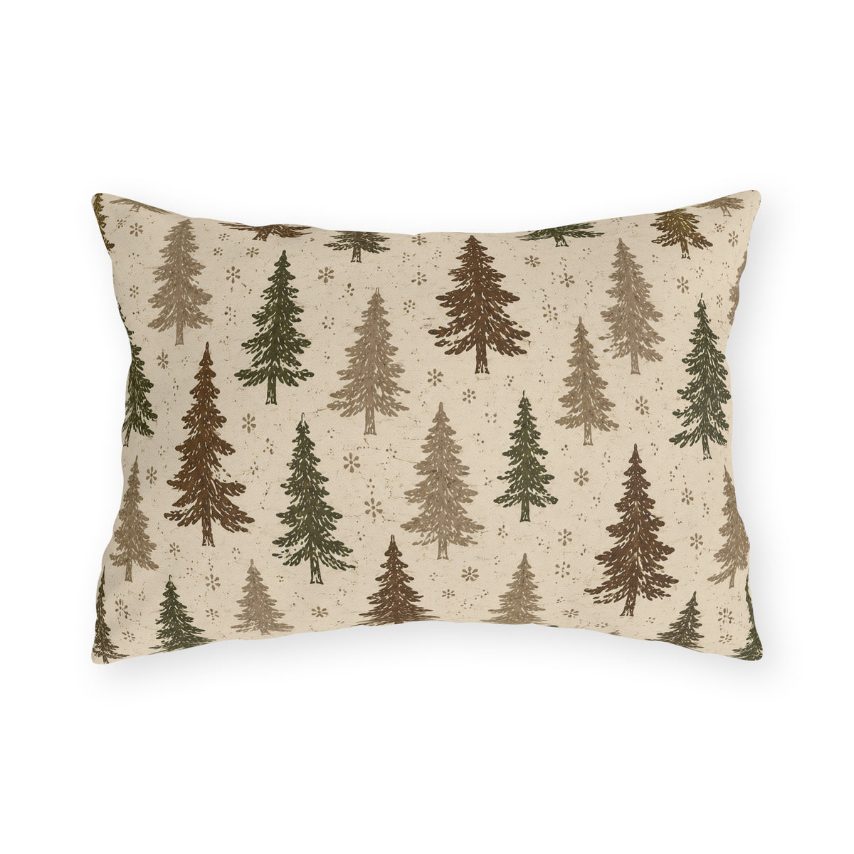 Pine trees in brown, olive and taupe on a speckled cream outdoor lumbar pillow