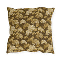Gold and cream hydrangeas on chocolate brown outdoor pillow