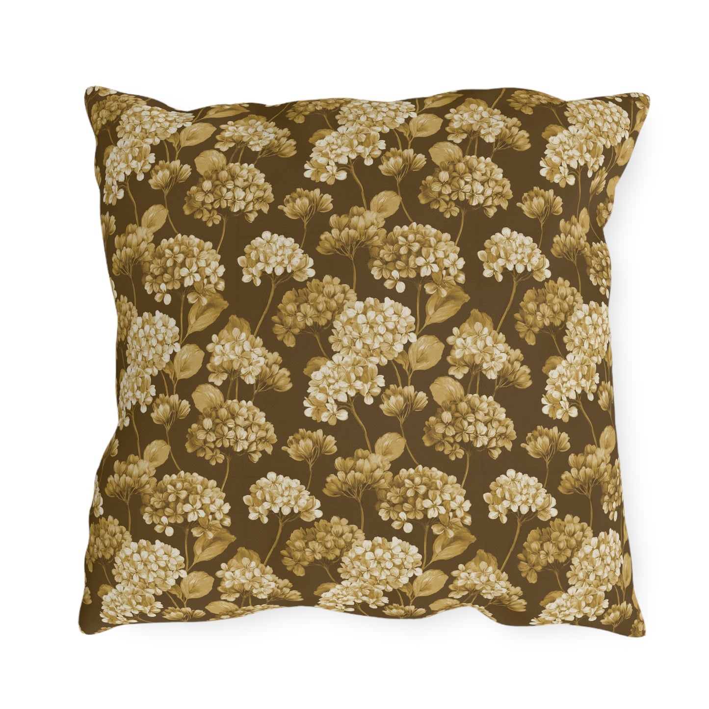 Gold and cream hydrangeas on chocolate brown outdoor pillow