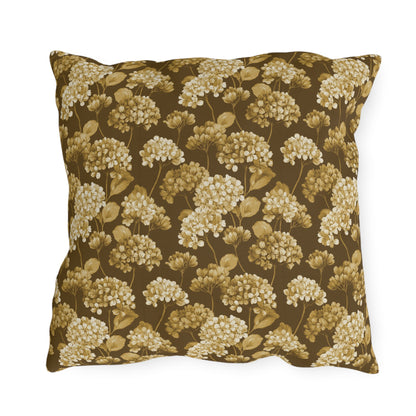 Gold and cream hydrangeas on chocolate brown outdoor pillow