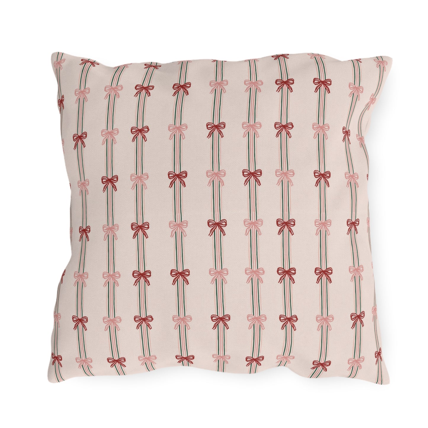 Pink and red ribbon bows on striped blush outdoor pillow
