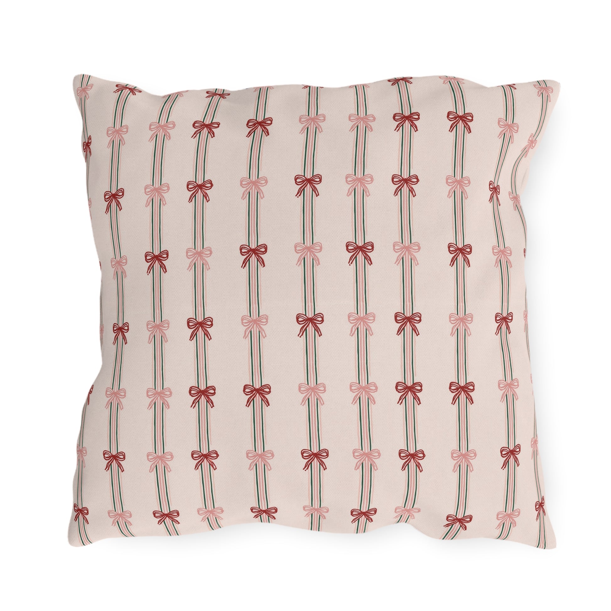Pink and red ribbon bows on striped blush outdoor pillow