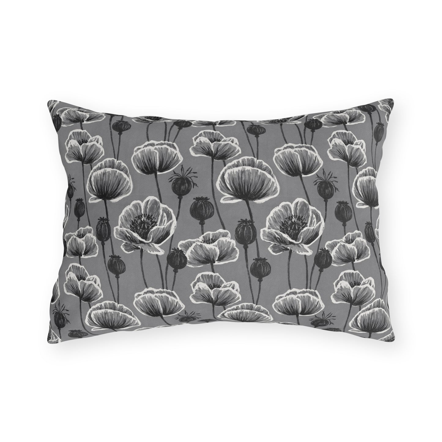 White and charcoal poppies and seed heads on grey outdoor lumbar pillow