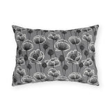 White and charcoal poppies and seed heads on grey outdoor lumbar pillow