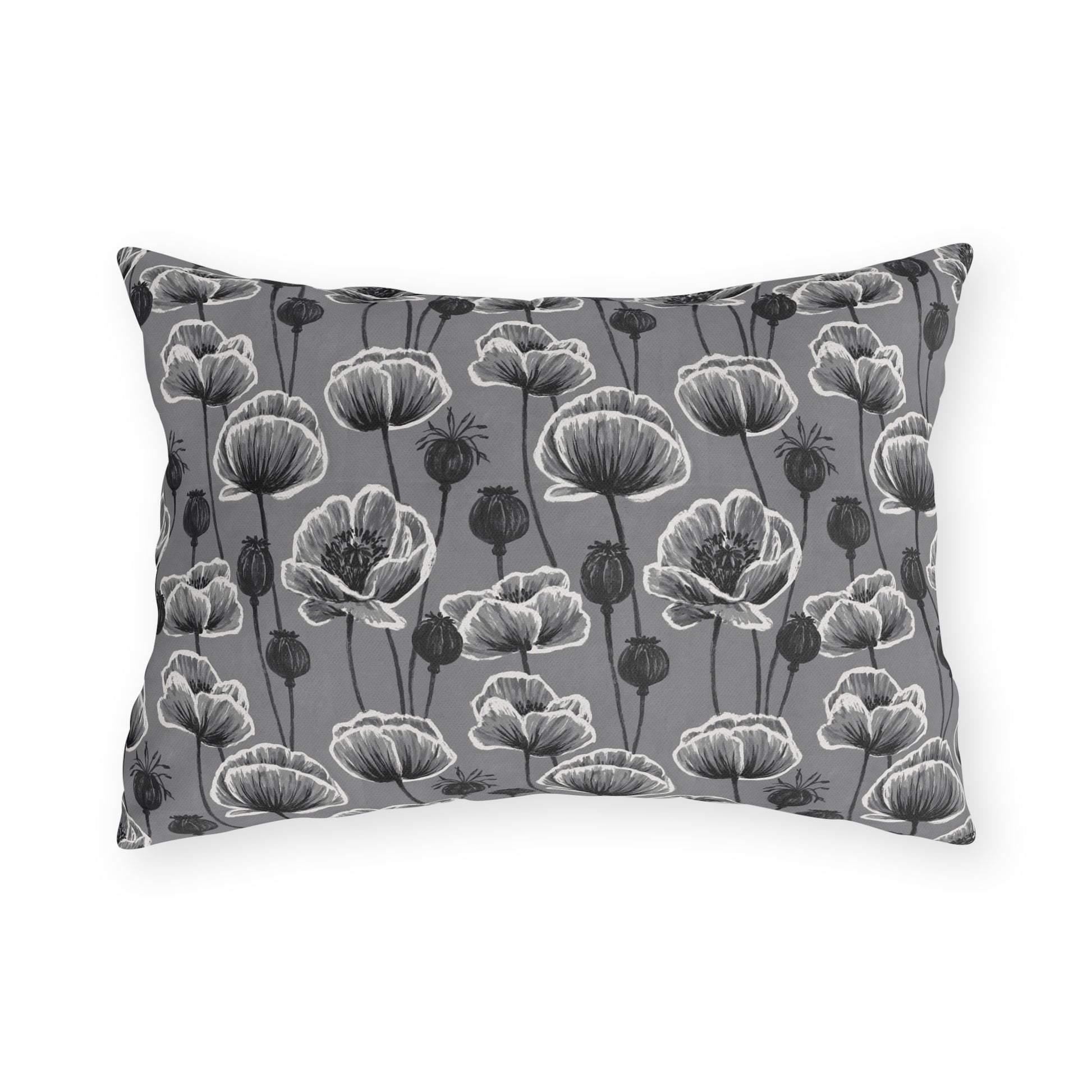 White and charcoal poppies and seed heads on grey outdoor lumbar pillow